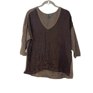 Left of Center Anthropologie Brown Colorblock V-Neck 3/4 Sleeve T0shirt Top S